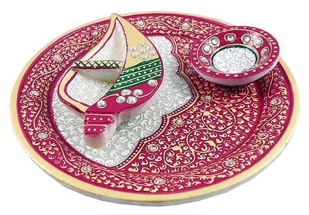Marble Plate with Diya and Haldi Kumkum Container