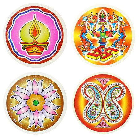 Set of Four Colorful Rangoli Print on Paper Sticker