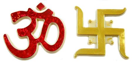 Pair of Red Acrylic Om and Golden Swastik (Auspicious Hindu Symbols)
