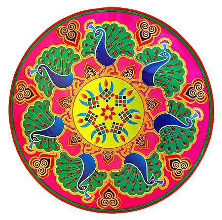 Colorful Sticker Rangoli Peacock Print on Glazed Paper