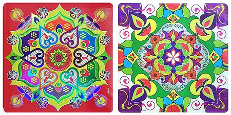 Pair of Sticker Rangoli Print on Square Paper - 9 x 9 inches