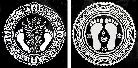 Set of Two White Ritual Sticker with Lakshmi Charan Rangoli Print on Transparent Sheet