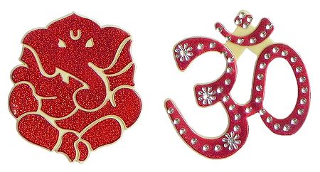 Pair of Red Acrylic Om and Ganesha