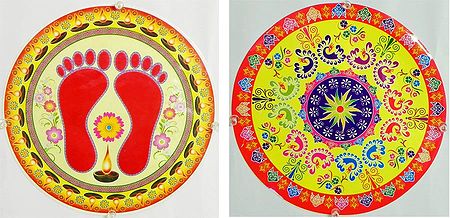Set of Two Multicolor Ritual Print with Charan on Transparent Sheet