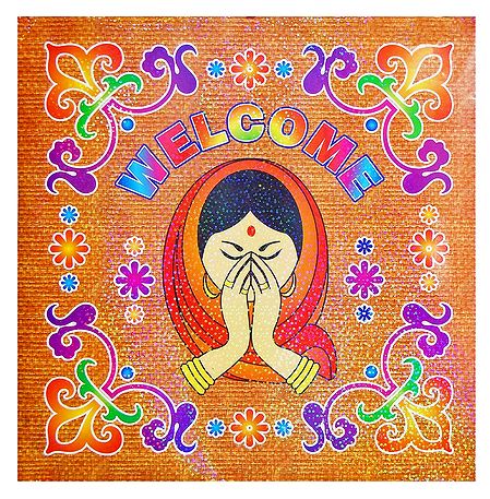Colorful Welcome Design Sticker Rangoli on Glazed Paper