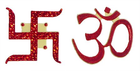 Pair of Red Acrylic Om and Swastik (Auspicious Hindu Symbols)