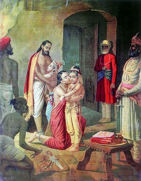 Sri Krishna with Balarama Freeing Parents (Vasudev and Devki) from Prison after Killing Uncle Kamsa