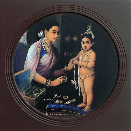 Mother Yashoda Decorating Krishna with Ornaments (Deco Painting) - Wall Hanging