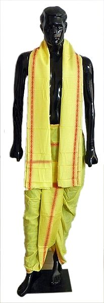 Pajama Type Yellow Dhoti and Angavastram with Red Border for Performing Puja