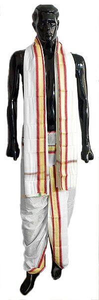 Pajama Type White Dhoti and Angavastram with Red and Green Border for Performing Puja