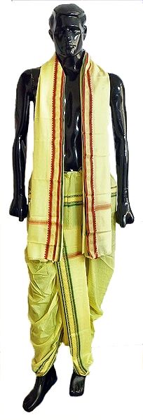 Pajama Type Yellow Dhoti and Angavastram with Red and Green Border for Performing Puja