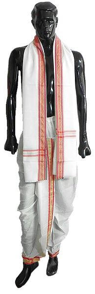 Pajama Type White Dhoti and Angavastram with Red and Green Border for Performing Puja