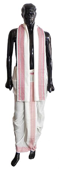 Pyjama Type White Color Dhoti and Angavastram with Red Border for Performing Puja