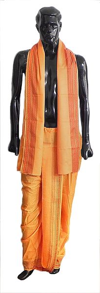 Pyjama Type Saffron Dhoti and Angavastram with Red Stripe Border for Performing Puja