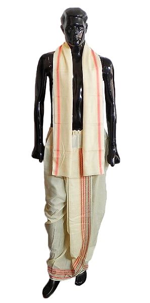 Pyjama Type Cream Color Dhoti and Angavastram with Red Border for Performing Puja