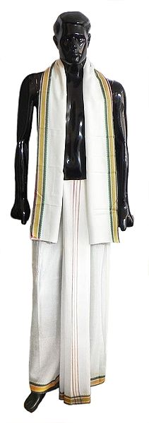 White Lungi and Angavastram with Red and Green Border