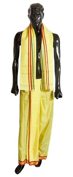 Yellow Lungi and Angavastram with Green and Red Border