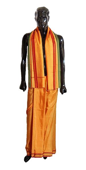 Saffron Art Silk Lungi and Angavastram with Red and Green Border