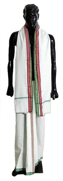 White Lungi and Angavastram with Red and Green Border for Performing Puja