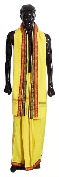 Yellow Lungi and Angavastra with Maroon and Brown Border for Performing Puja