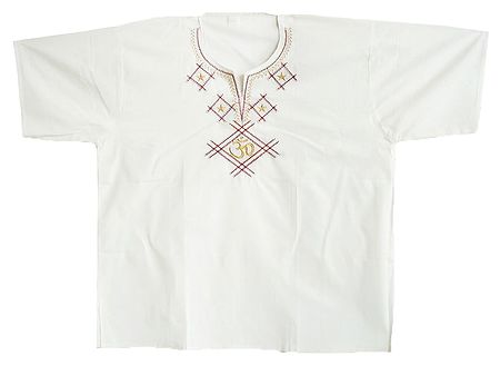 Mens White Short Kurta with Embroidered Om