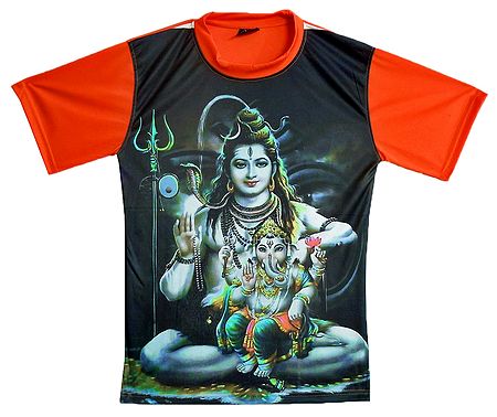 Printed Shiva and Ganesha on Mens Synthetic T-Shirt