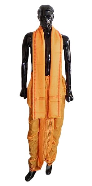 Pyjama Type Saffron Color Dhoti and Angavastram with Red Border for Performing Puja