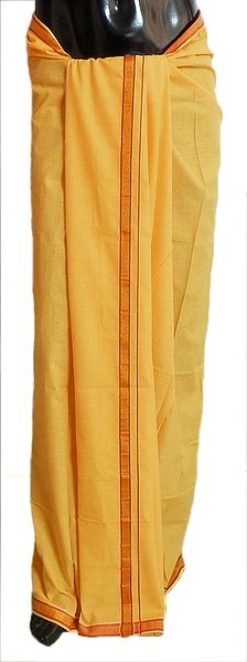 Saffron Color Cotton Lungi with Maroon Border for Performing Puja