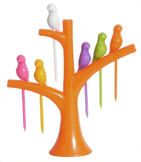 Six Pieces Colorful Birdie Fruit Forks with Tree Shaped Holder