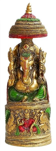 Lord Ganesha Sitting on a Circular Throne Carved with Lakshmi and Elephants 