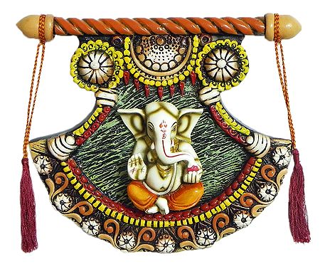 Decorative Resin Ganesha on a Wooden Fan - Wall Hanging