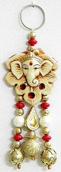 Lord Ganesha on Flower Petals with Hanging Balls - Wall Hanging