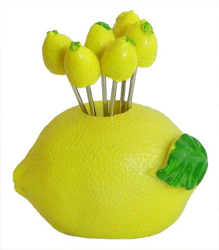 Lemon Shaped Stand with Six Fruit Forks