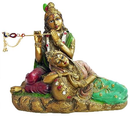 Reclining Radha on Krishna's Lap Enjoying the Sound of Flute 