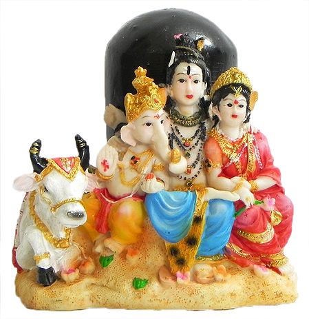 Shiva, Parvati and Ganesha Sitting on Nandi in Front of Shivalinga
