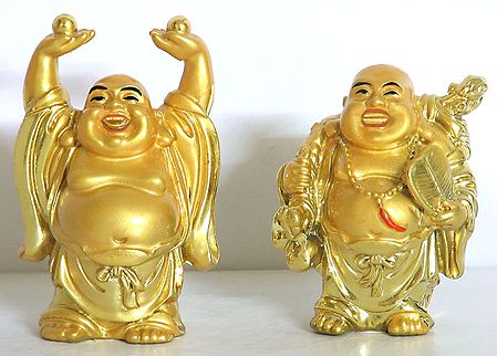 Set of Two Golden Laughing Buddha