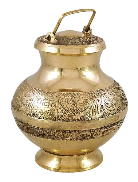 Carved Brass Kamandalu with Lid for Holy Water
