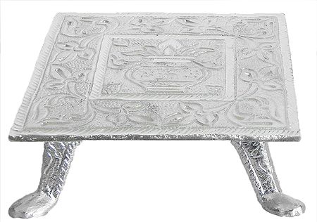 White Metal Ritual Seat with Carving Kalash with Coconut