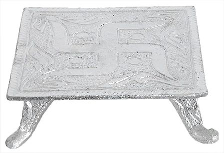 White Metal Ritual Seat with Carved Swastik (Auspicious Hindu Symbol)