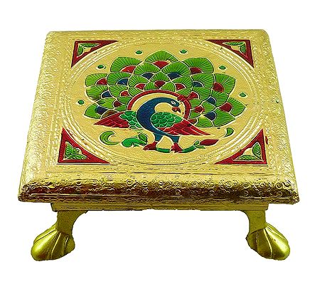 Rectangle Ritual Seat With Meenakari Peacock Design on Metal Foil Paper