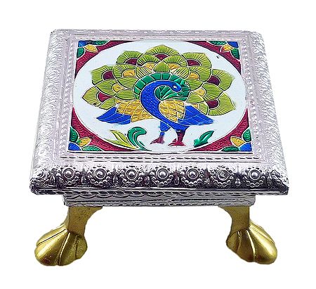 Rectangle Ritual Seat With Meenakari Peacock Design on Metal Foil Paper