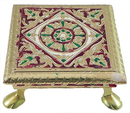 Flower Design on Wood Ritual Seat Wrapped with Metal Foil