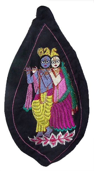 Embroidered Radha Krishna on Blue Cotton Japa Mala Bag