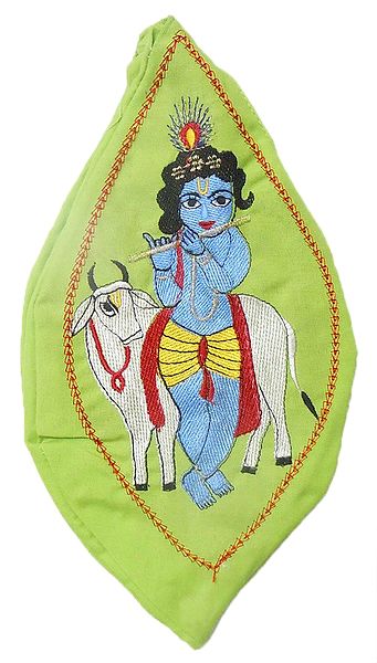 Embroidered Krishna on Green Cotton Japa Mala Bag