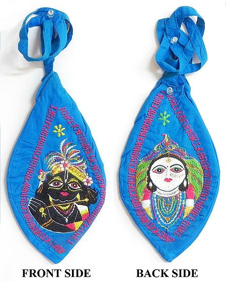 Embroidered Radha Krishna on Blue Japa Mala Bag