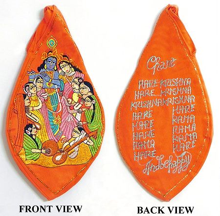 Saffron Japa Mala Bag with Embroidered Radha Krishna with Gopinis and Hare Krishna Chants
