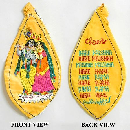 Yellow Japa Mala Bag with Embroidered Radha Krishna and Hare Krishna Chants