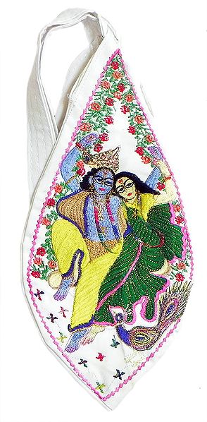 Embroidered radha Krishna on a Swing on White Japa Mala Bag