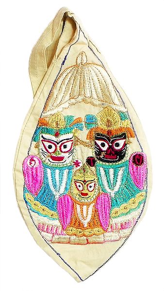 Embroidered Jagannath, Balaram and Subhadra on Light Yellow Japa Mala Bag