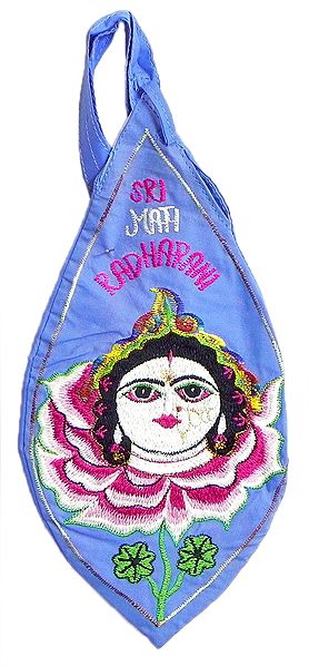 Embroidered radharani on Lotus on Blue Japa Mala Bag
